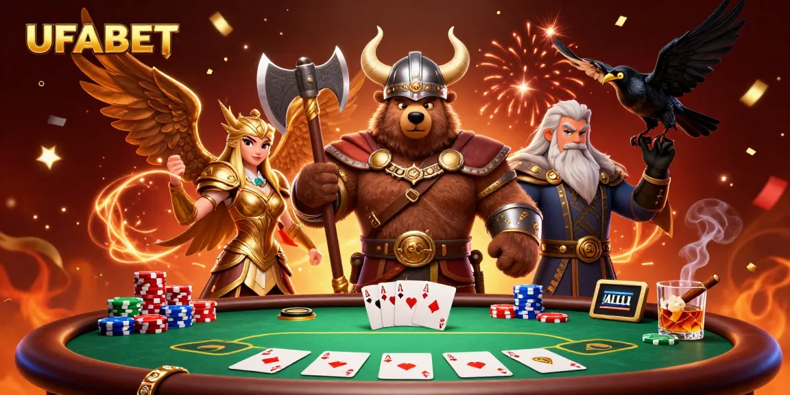 Play with UFABET in a vibrant 3D scene featuring poker elements and mythical characters.