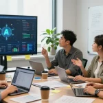 Team collaboration on AI automation dashboards in a modern office.