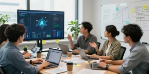 Team collaboration on AI automation dashboards in a modern office.