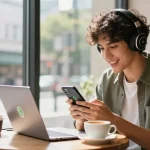 WhatsApp下載 process shown with a smartphone user in a café enjoying seamless app download experience.