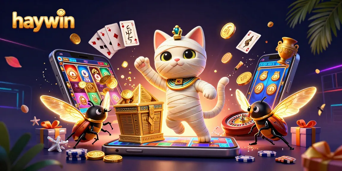 Unleash excitement in Haywin's vibrant casino world with 3D mummy cat, glowing scarab, and thrilling game elements.