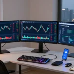 Recuperación de criptomonedas phishing, persona analizando gráficos en un espacio de trabajo profesional con pantallas mostrando transacciones y datos sobre activos digitales.