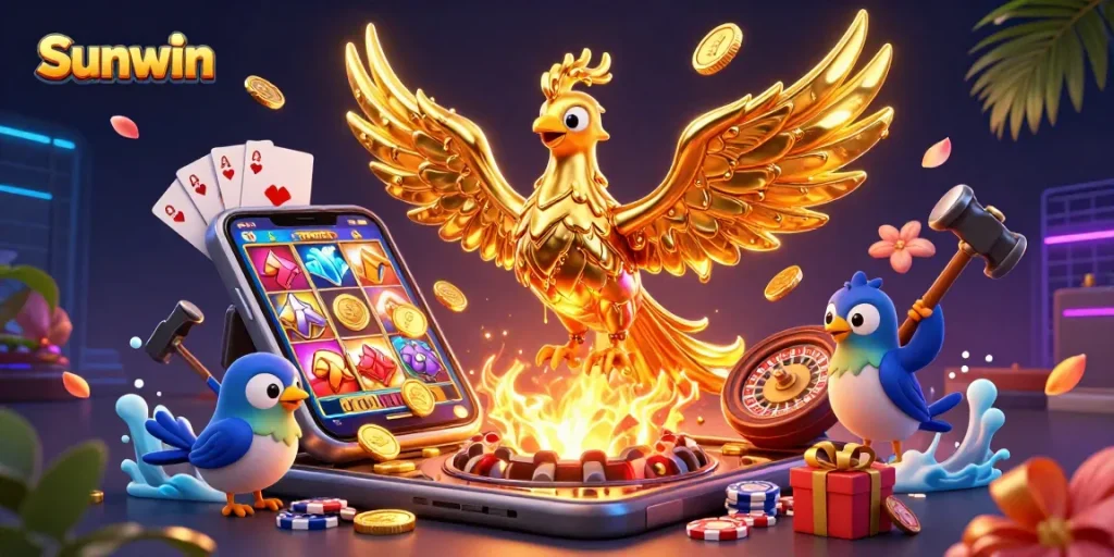 Sunwin presents a captivating 3D scene with a golden phoenix and casino games happening.