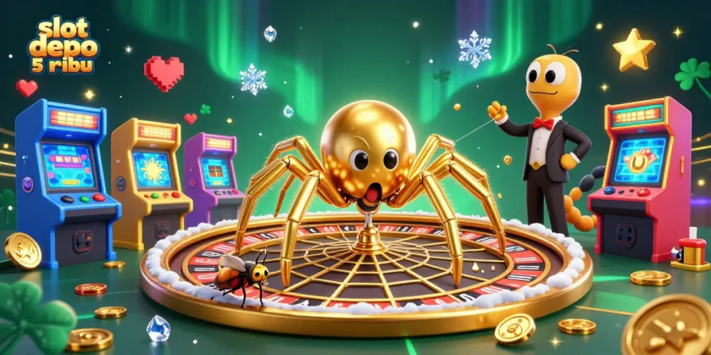 Engage in thrilling gameplay with slot depo 5 ribu, showcasing a golden spider and vibrant casino elements.