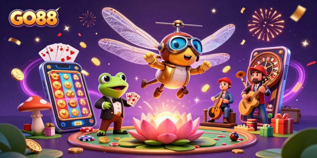Experience the thrill of GO88 with a dragonfly helicopter pilot and casino scene filled with vibrant game action.