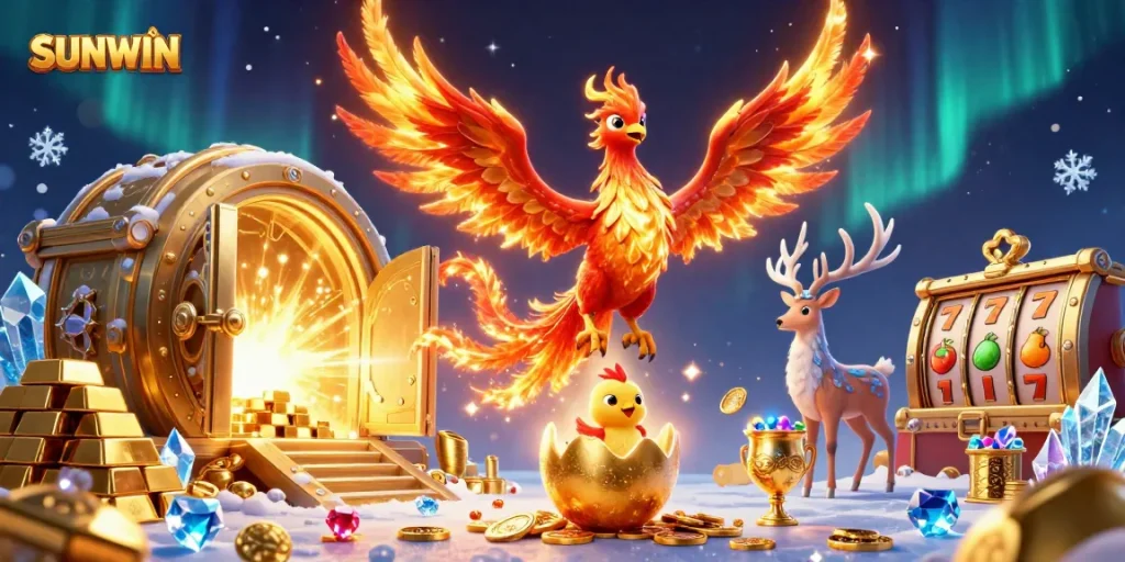 SUNWIN captures thrilling gameplay with a phoenix, baby chick, and stag amid golden treasures and slot symbols.
