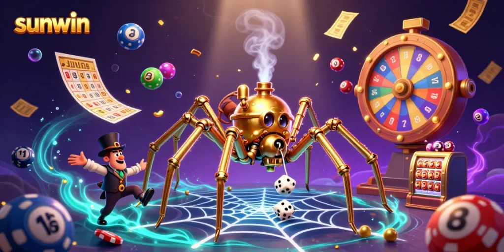 Experience the thrilling action at sunwin with animated golden spider and vibrant casino elements.