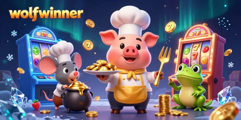 wolfwinner presents a vibrant 3D scene with a chef pig and casino elements creating excitement in a slot-filled atmosphere.