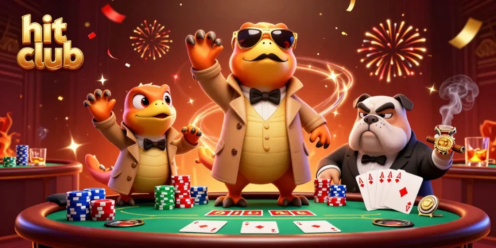 A fun scene at hit club showing cartoon raptors trying to enter a VIP lounge, filled with poker elements.
